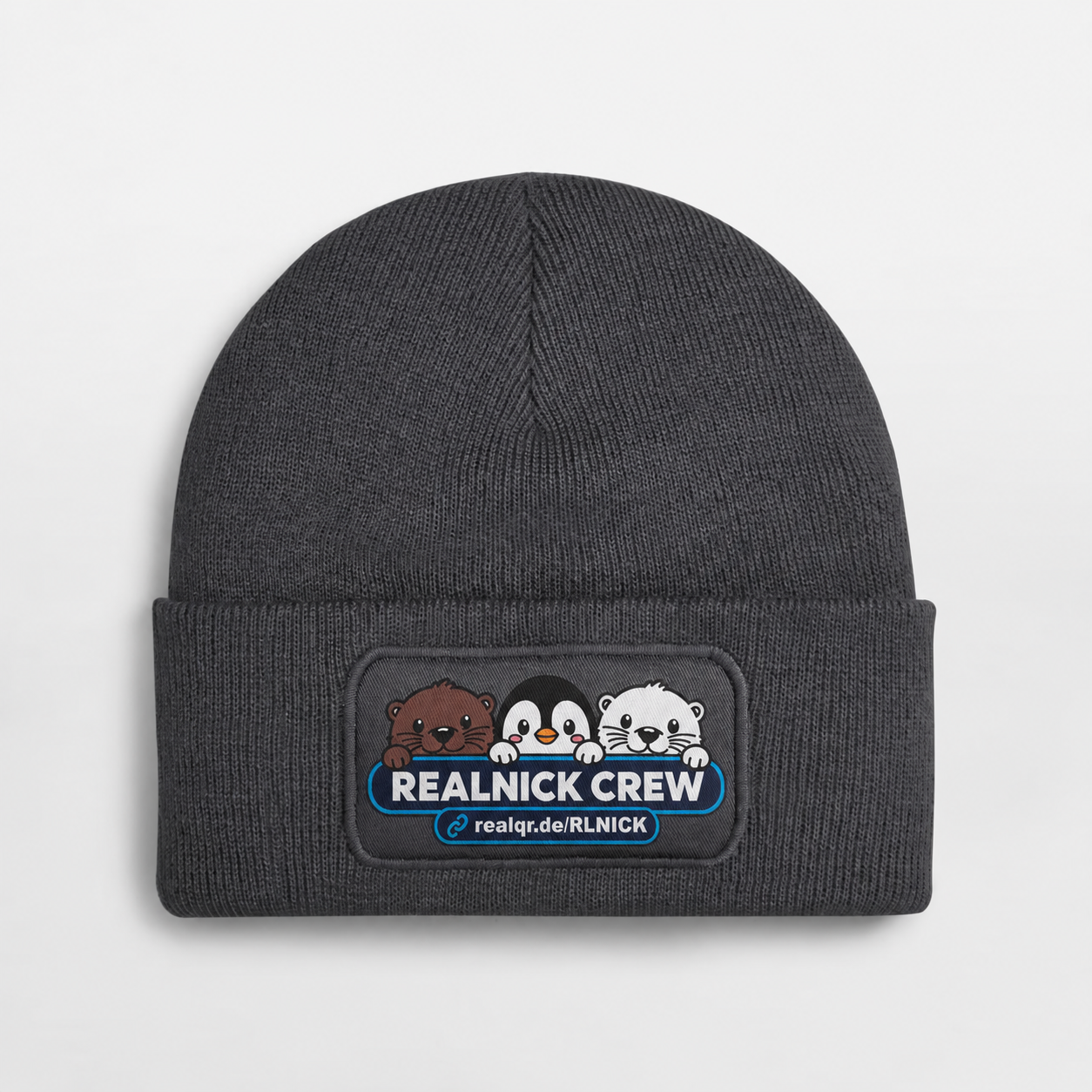 RealNick Crew Beanie mit Tiermotiv und dem Beispiel-Profillink realqr.de/RLNICK